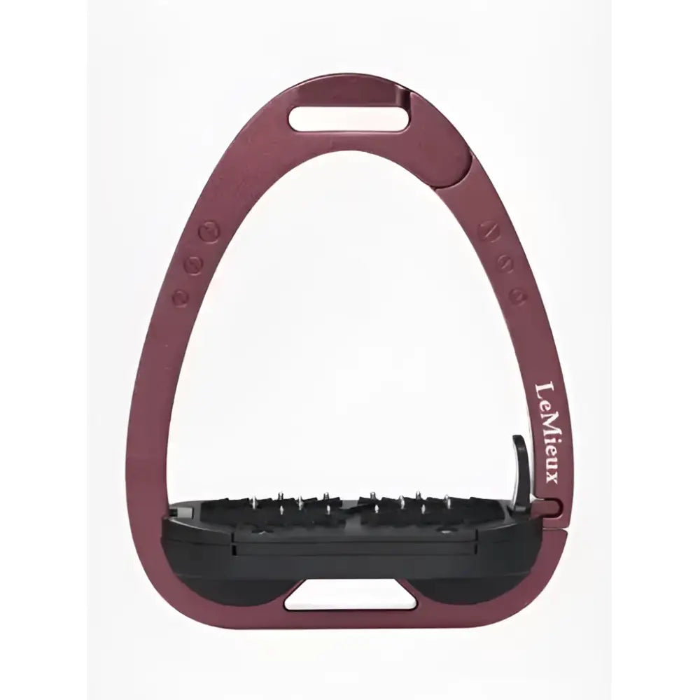 Maroon metallic lemieux vector balance stirrup with black rubberized footbed and adjustable heel strap made from aviation grade aluminium