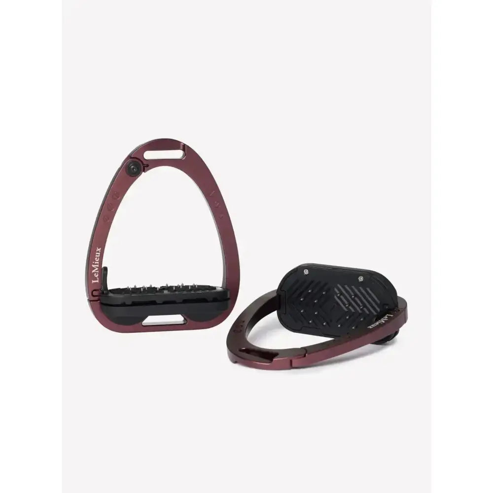 Maroon and black lemieux vector balance stirrup with textured grip surface made of aviation grade aluminium for strength-to-weight ratio