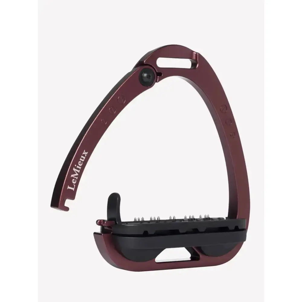 Maroon metallic lemieux vector balance stirrup with black rubber base made from aviation grade aluminium for strength