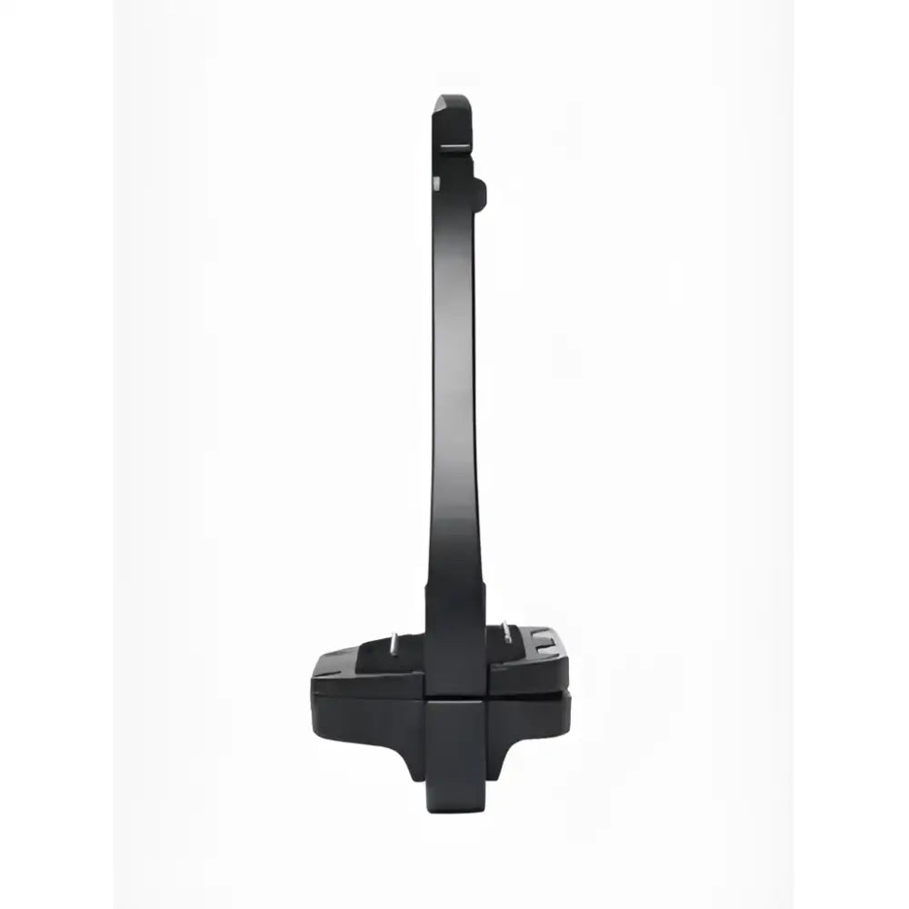 Black plastic headset stand with adjustable height and sleek design paired with lemieux vector balance stirrup black