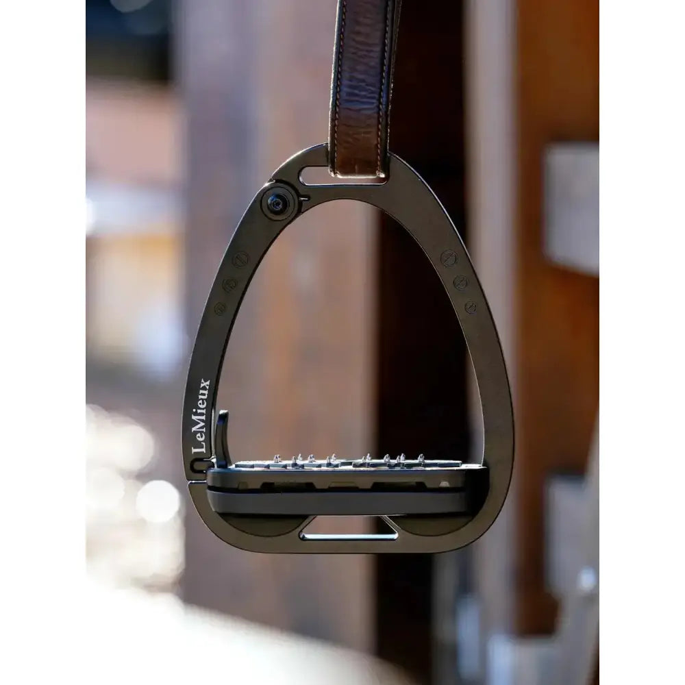Black lemieux vector balance stirrup made from aviation grade aluminium with brown leather strap for strong lightweight use