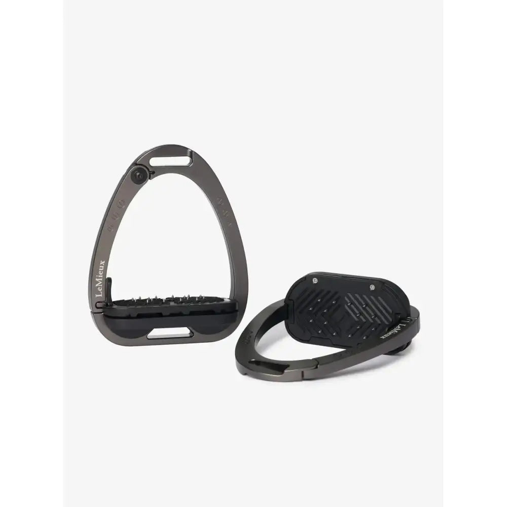 Black metal lemieux vector balance stirrup with textured grip and adjustable strap for riding comfort