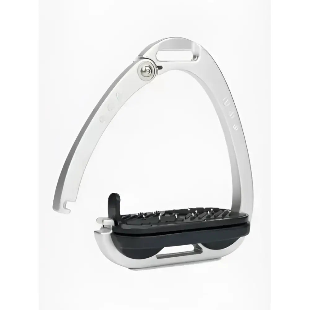 Silver lemieux vector control horse stirrup with black rubber footpad made from aviation grade aluminium for strength-to-weight ratio