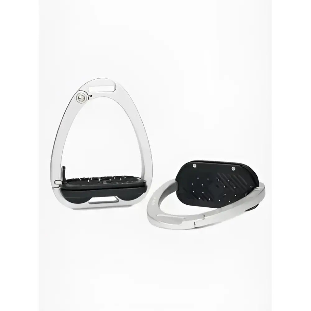 Silver lemieux vector control stirrup made from aviation grade aluminium with black rubber sole and textured grip surface