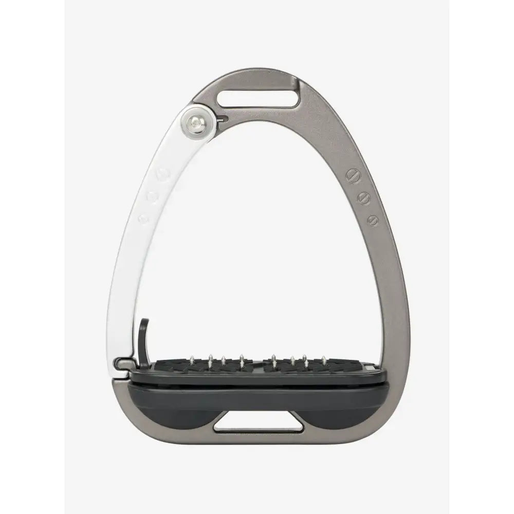 Silver-toned lemieux vector control stirrup with black rubber footpad and adjustable screw made from aviation grade aluminium