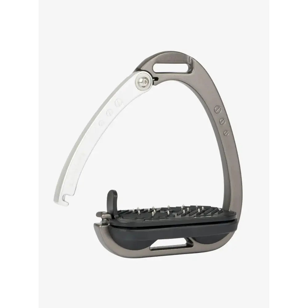 Gray metallic lemieux vector control stirrup with aviation grade aluminium frame black rubber footbed and adjustable strap