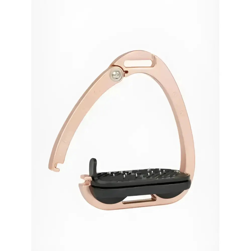 Lemieux vector control stirrup rose gold made of aviation grade aluminium with black textured non slip footpad