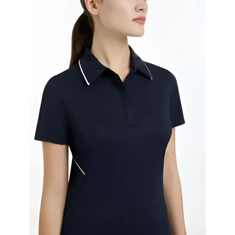 Navy blue lemieux venus performance short-sleeved polo with white trim on collar and sides performance polo navy