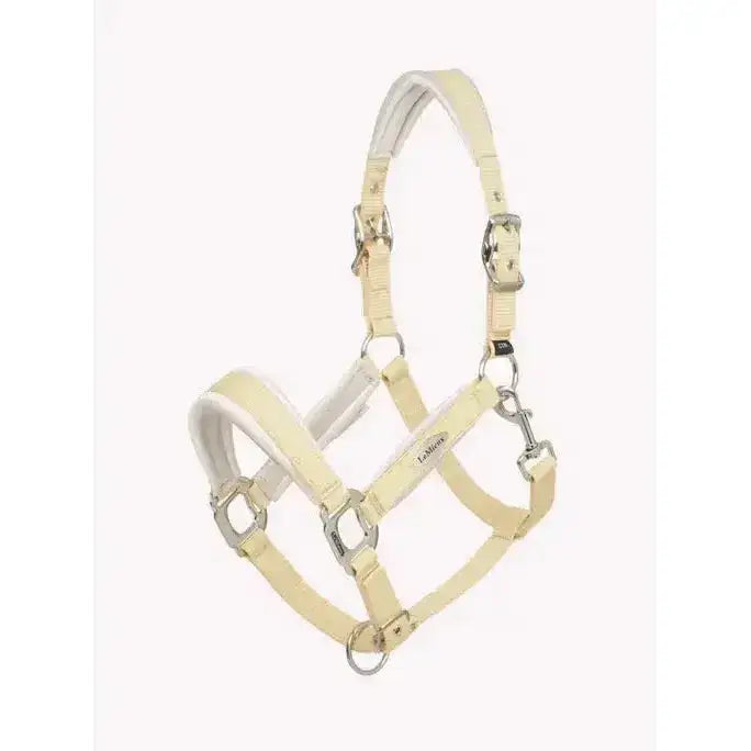 Cream-colored leather lemieux versailles headcollar mimosa with silver hardware and soft padded interior for comfort