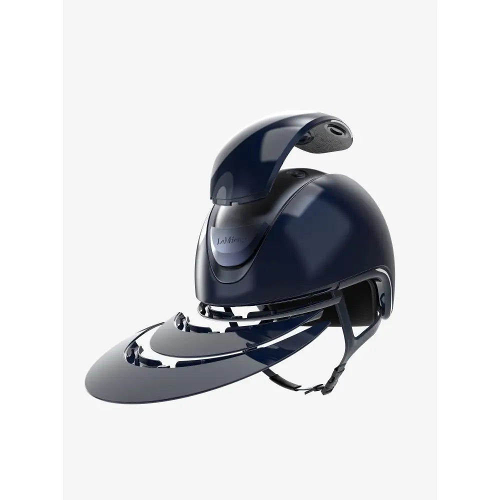 Navy blue lemieux verv competition gloss riding helmet with glossy finish and integrated visor for equestrian use