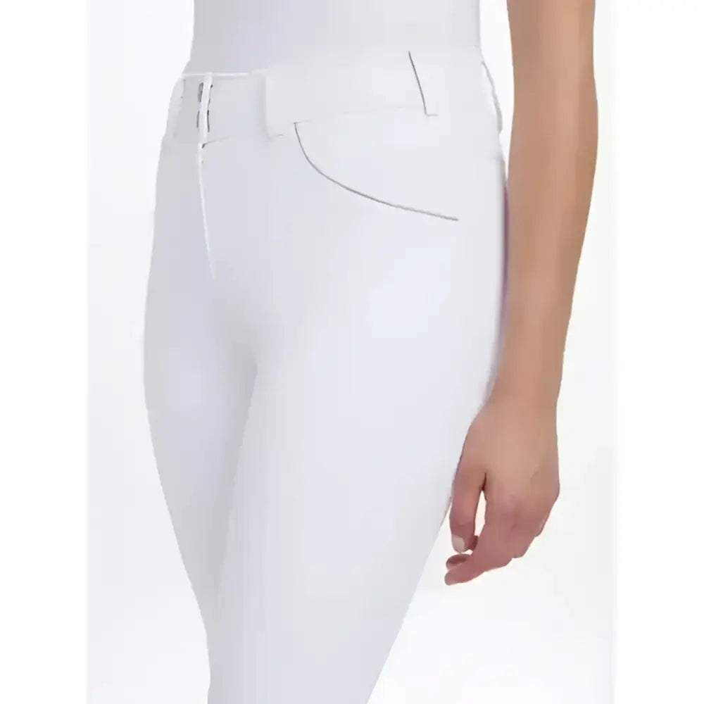 White lemieux victoria breech riding pants with sleek form fitting design and subtle stitching in suede seat white