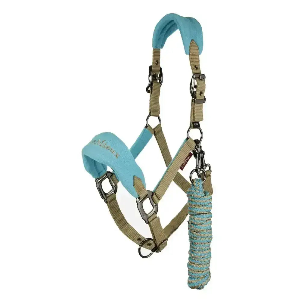 Light blue and beige lemieux vogue fleece headcollar with padded poll strap and matching braided leadrope azure color