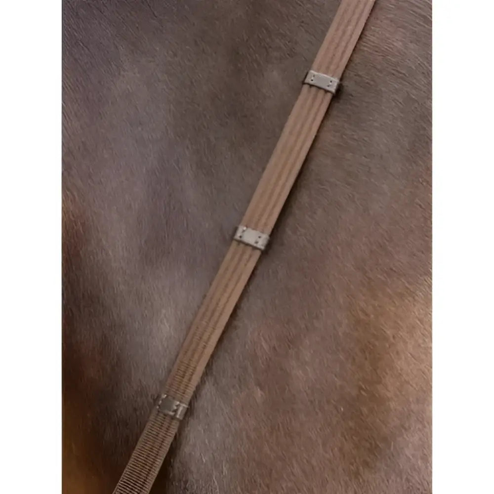 Tan woven strap lemieux webbed continential reins brown with three silver toned metal buckles