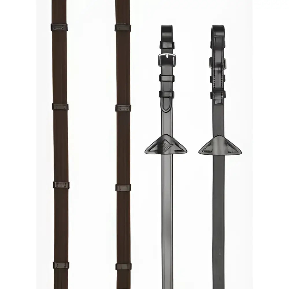 Black leather lemieux webbed continential reins brown with silver hardware and triangular ends for riding use