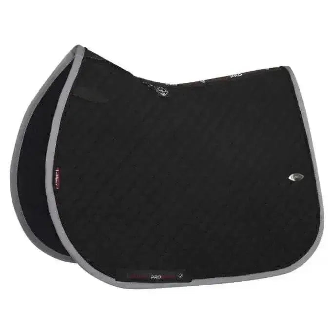 Black lemieux wither relief mesh jumping pad with gray trim subtle texture and metallic logos for comfort