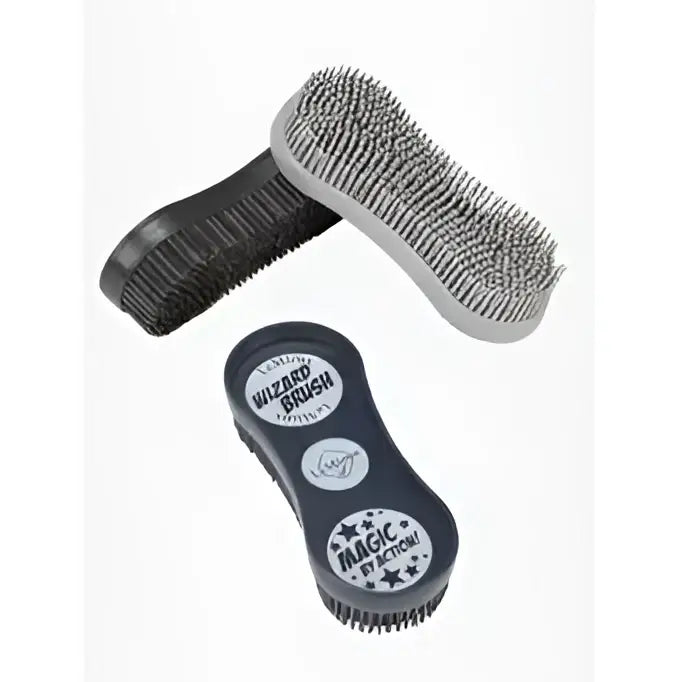 Black and gray dual-sided lemieux wizard brush with bristles for cleaning hooves or saddles brush trio navy