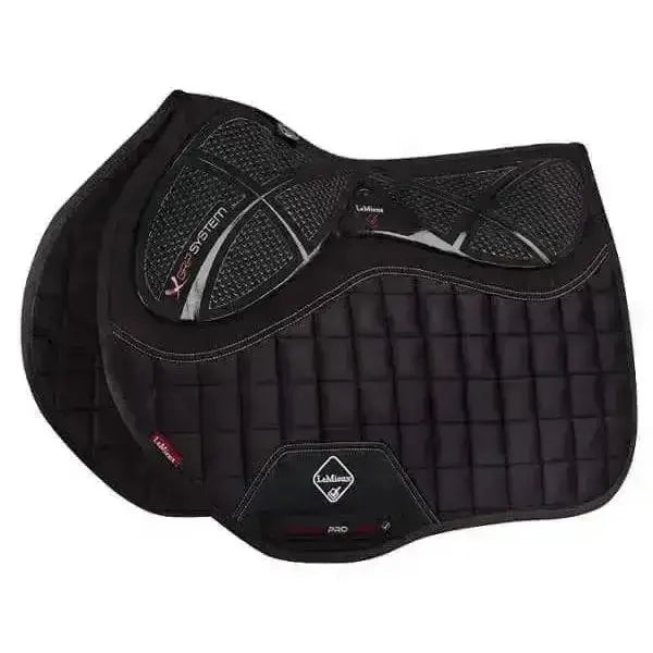 Black quilted lemieux x-grip silicone eurojump square black saddle pad with x-system design and silver accents