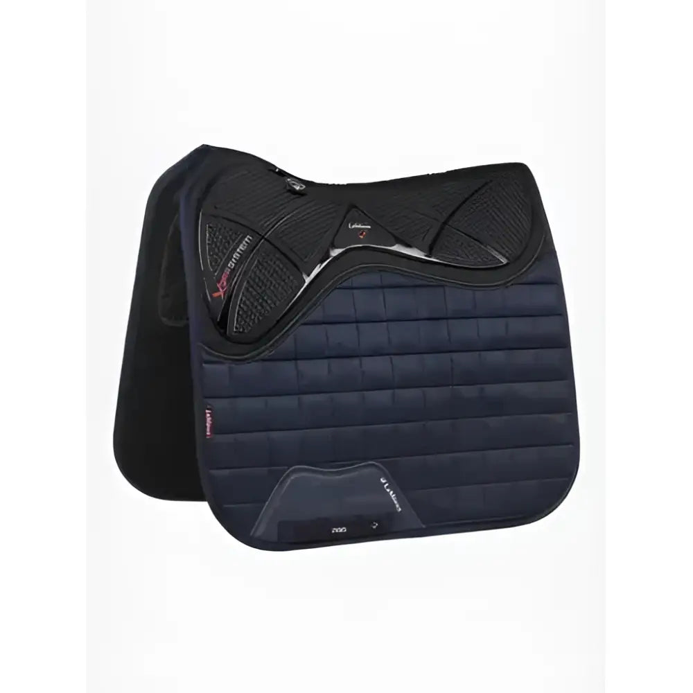 Navy blue quilted dressage square with twin sided x-grip and black mesh padded contours by lemieux