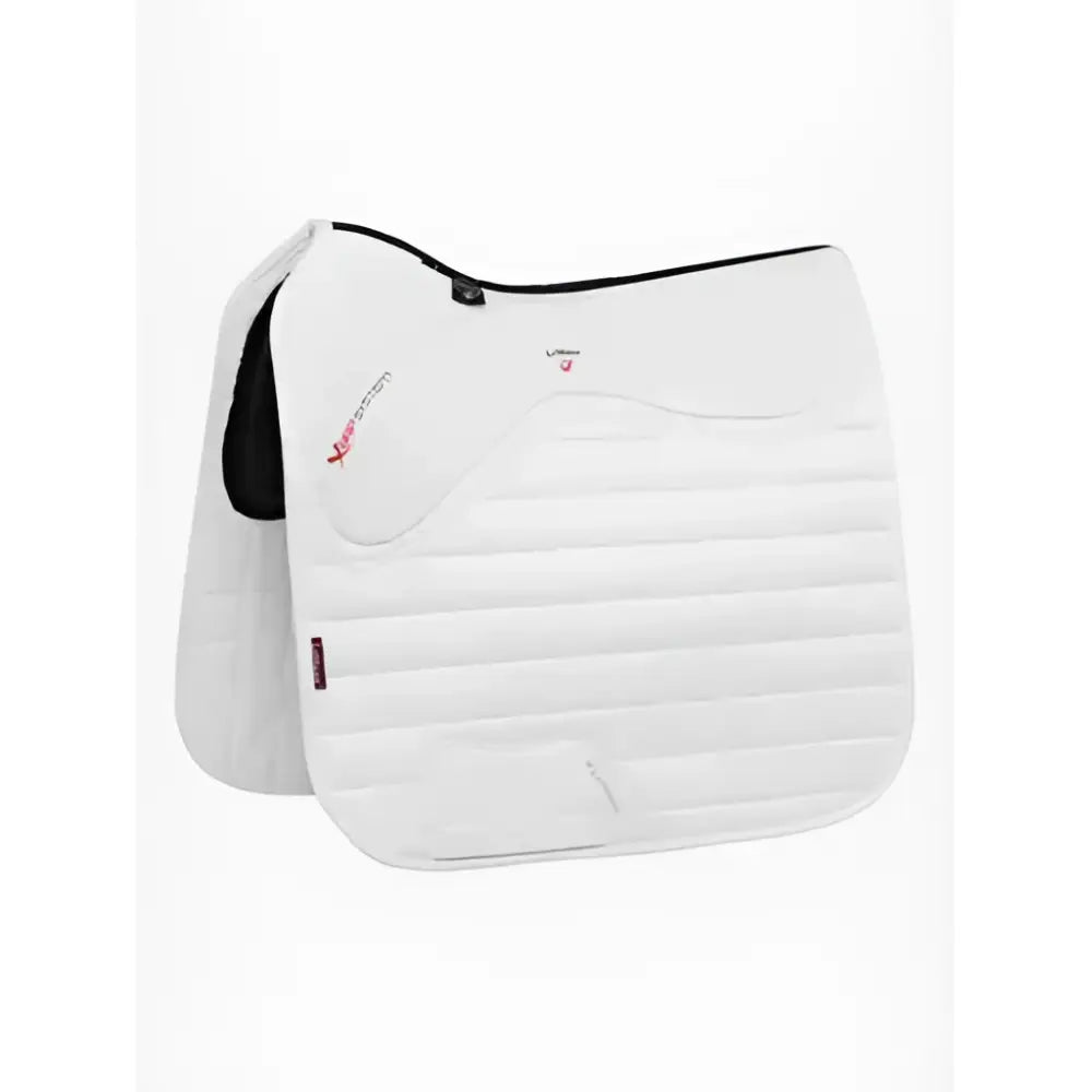 White quilted le mieux x grip twin sided dressage square with black trim and subtle red branding