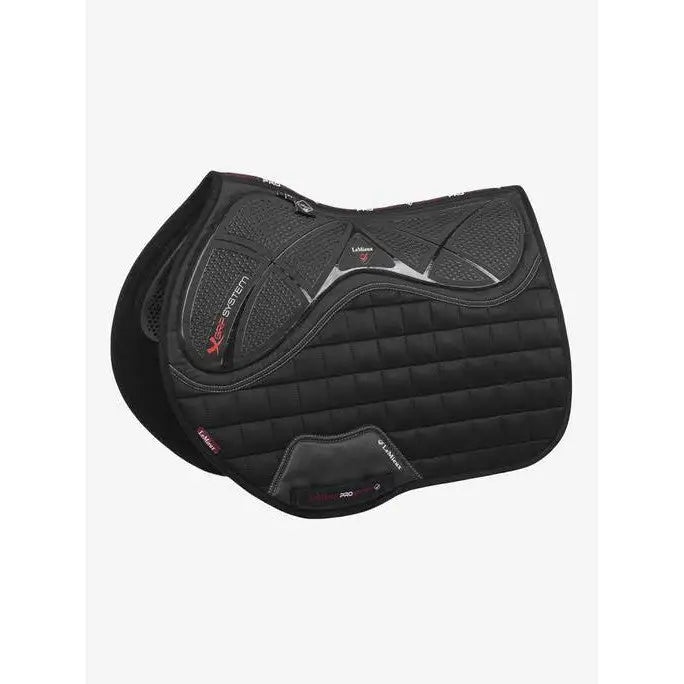 Black quilted twin sided eurojump saddle pad with x-grip silicone panels and red lemieux branding