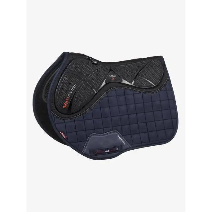 Black quilted equestrian saddle pad with x-grip silicone and acavallo gel in the twin sided eurojump navy design