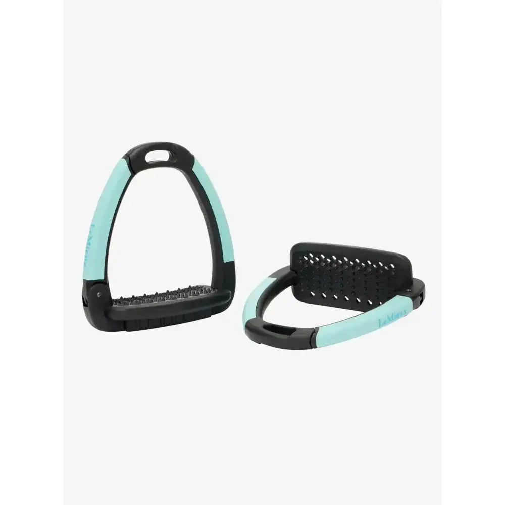 A pair of black and mint green lemieux x horsena horsena swap stirrup aqua with textured non slip surface