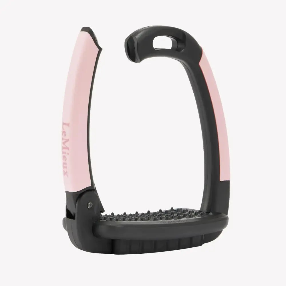 Pink and black lemieux x horsena swap stirrup blossom with textured grip surface for better riding control