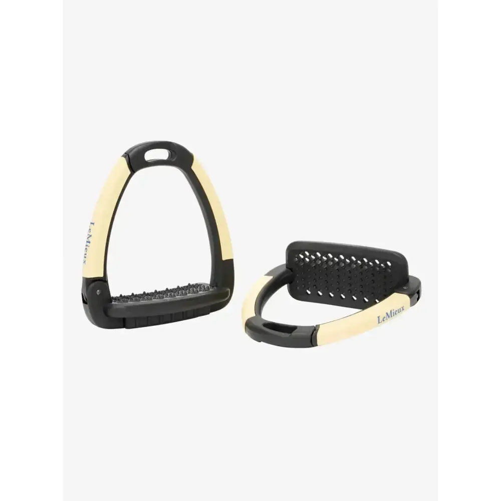 Black and cream lemieux x horsena stirrup mimosa with textured perforated design for comfortable riding grip