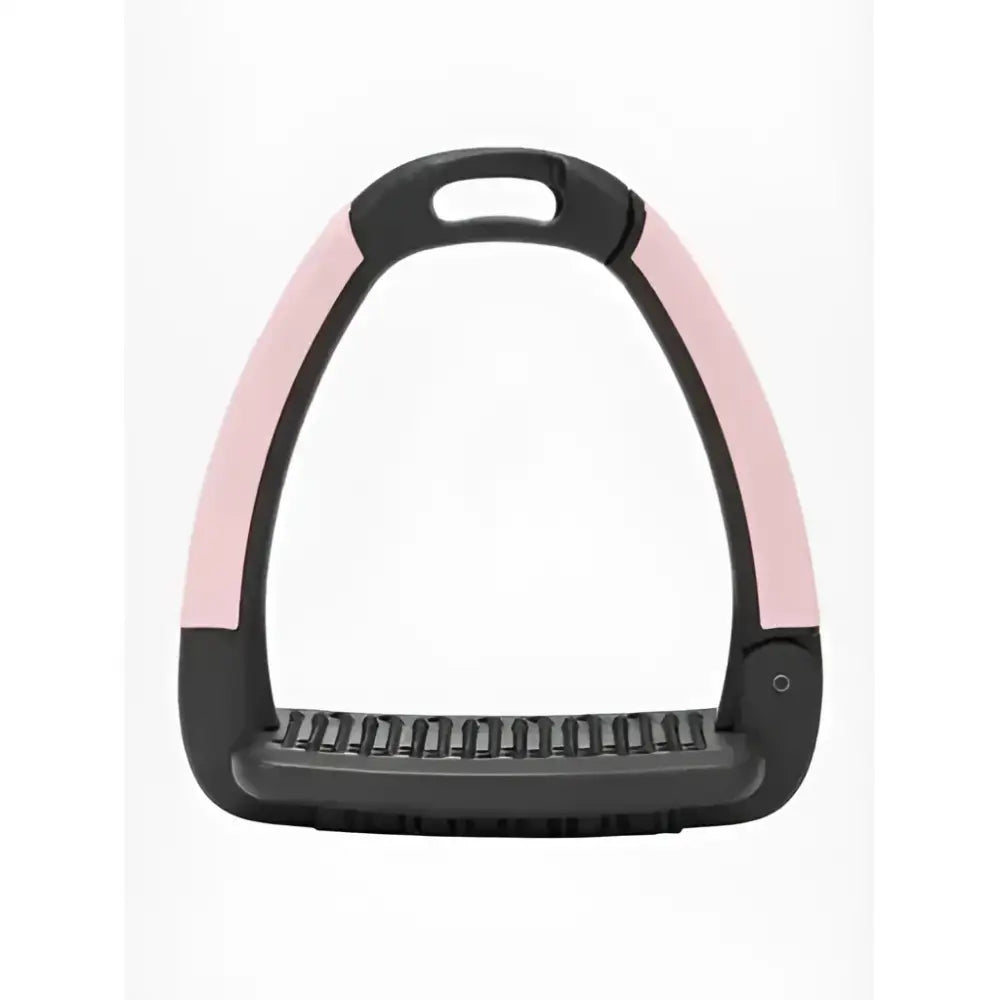 Pink and black horsena swap stirrup with textured non-slip rubber sole and stirrup arm covers blossom design