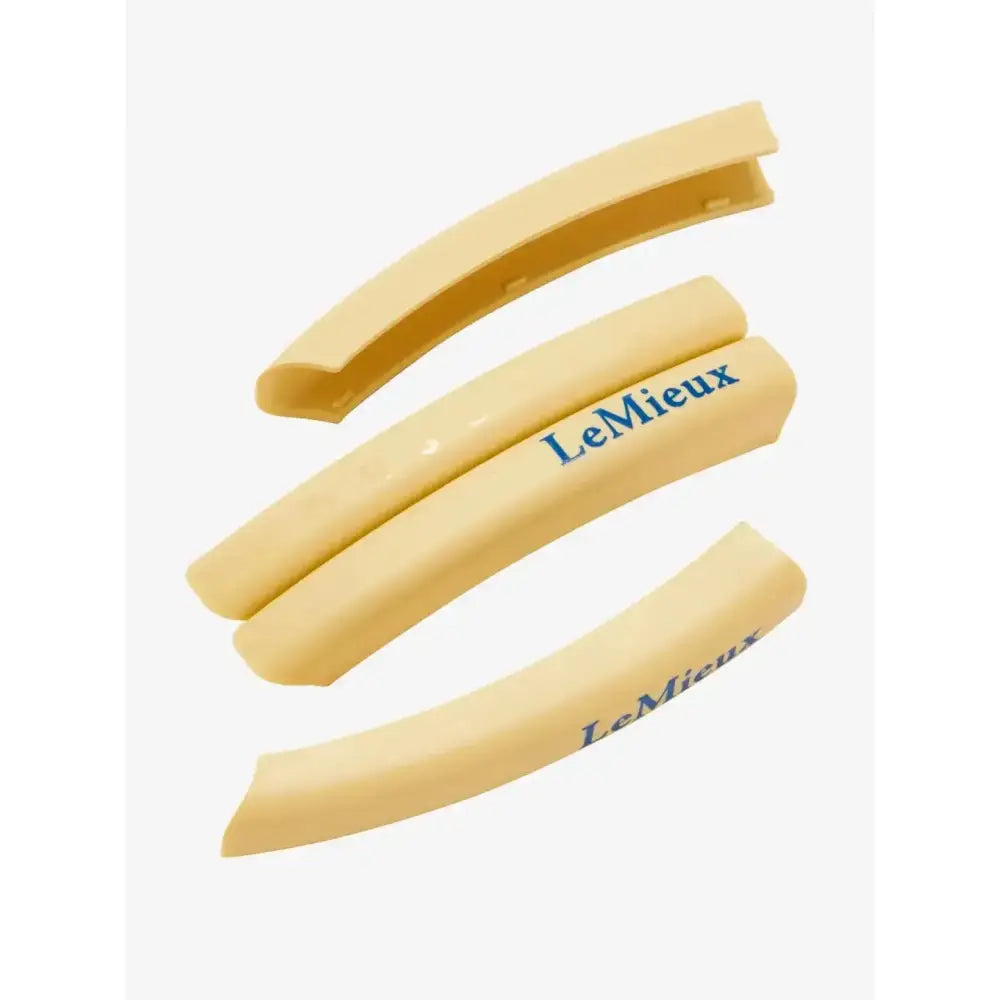 Beige plastic lemieux x horsena stirrup arm covers with lemieux branding for horsena swap stirrup protection