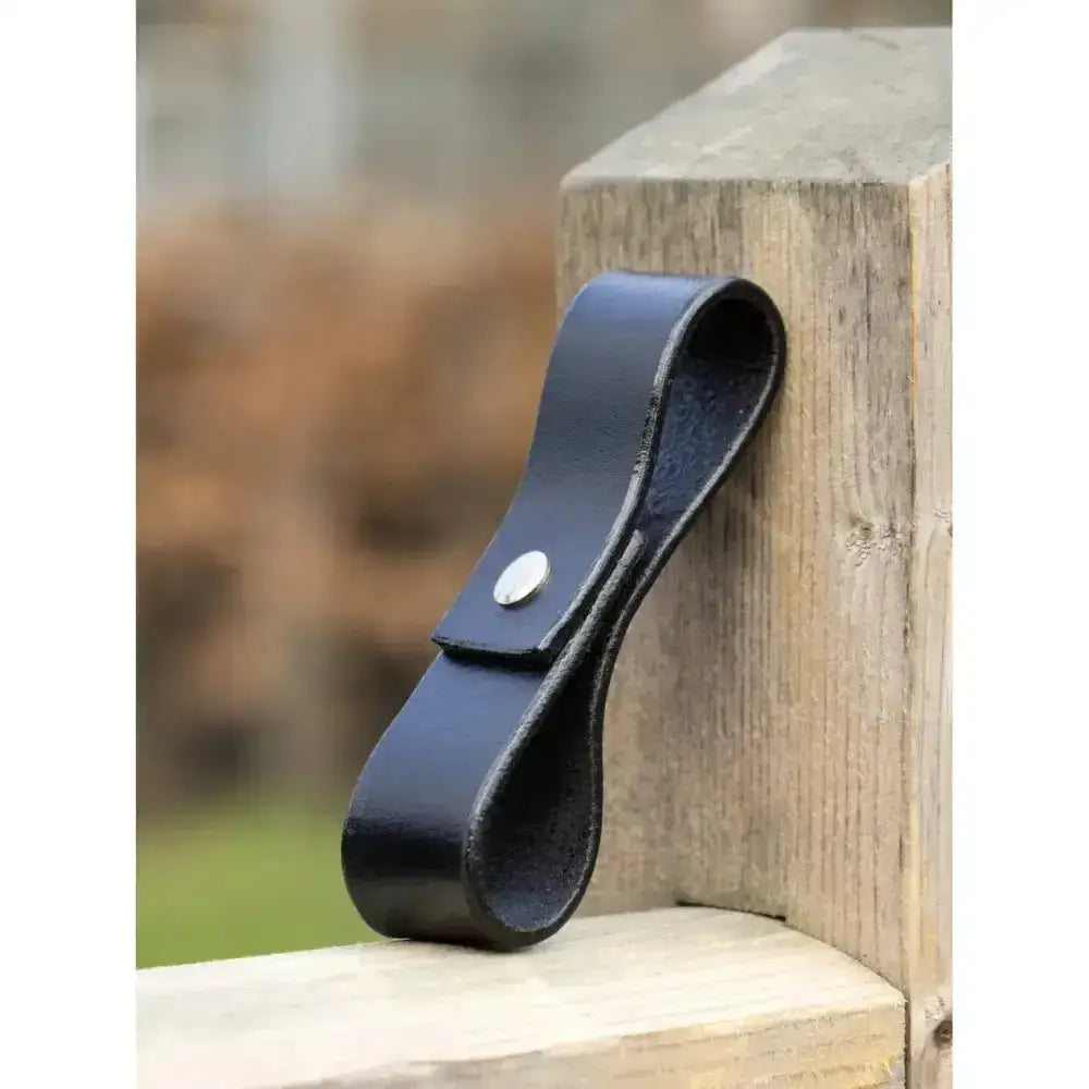 Black leather belt loop with silver snap button from lemieux yard headcollar nylon reinforced leather component pack