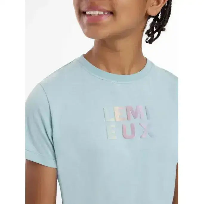 Light blue short-sleeved lemieux young rider t-shirt with holographic lemix logo and hot fix silver signature autograph