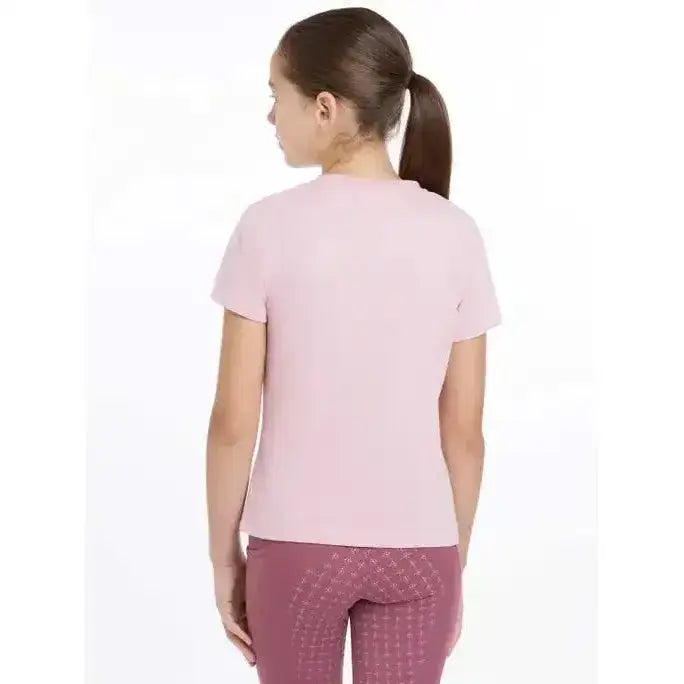 A soft pink lemieux young rider arianna t-shirt with a round neckline featuring hot fix silver signature lemieux autograph