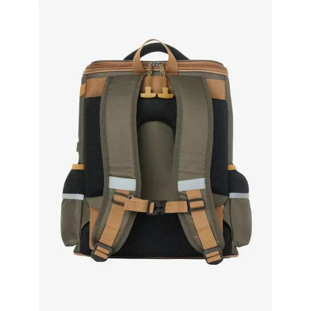 Olive green and tan lemieux young rider backpack alpine with mesh panels reflective stripes and top handle