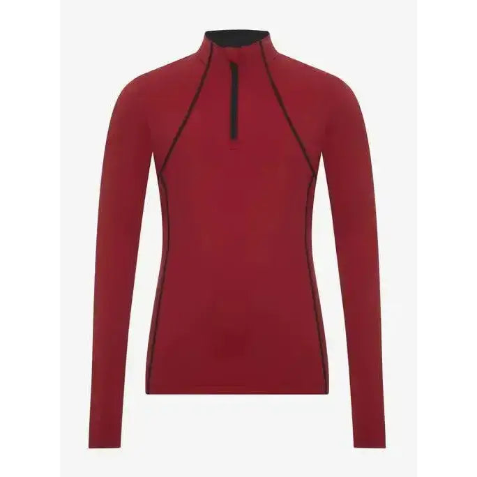 Red long-sleeved rider base layer chilli from lemieux young rider with black zipper and trim for active wear