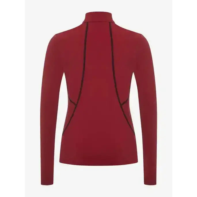 Back view of lemieux young rider base layer chilli in deep red with black seam details for riding comfort