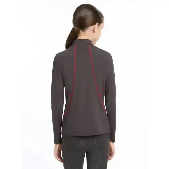 Dark gray lemieux young rider base layer cinder jacket with subtle red paneling shown from back side