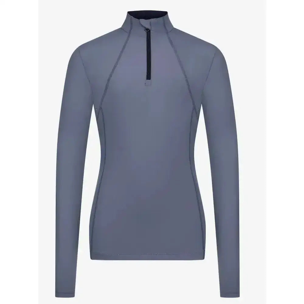A sleek graphite gray lemieux young rider base layer jay with long sleeves high collar and black zipper detail