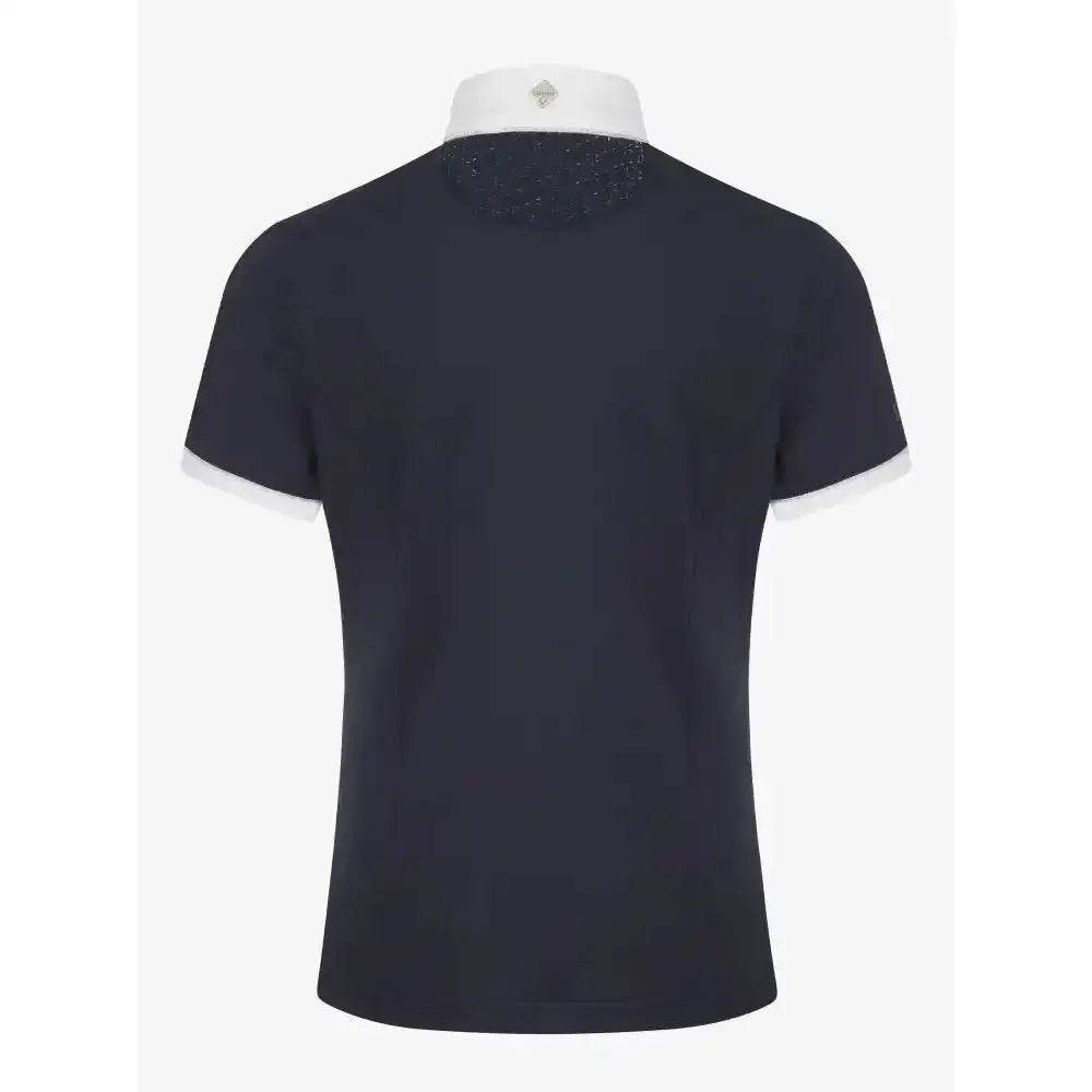 Navy blue lemieux young rider belle short sleeve polo shirt with white collar and cuffs made from luxurious super soft fabric