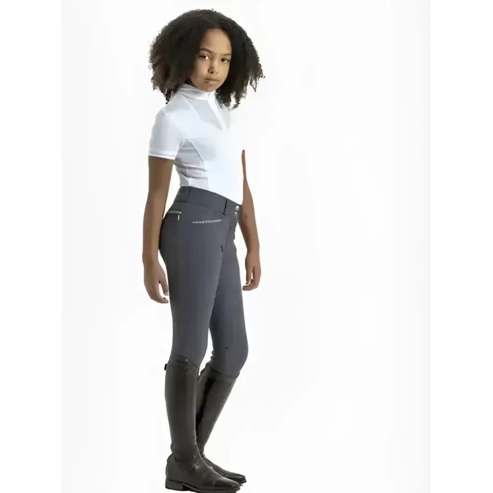 Dark gray lemieux young rider riding pants with sleek fit and luxurious super soft high-performance base material waistband
