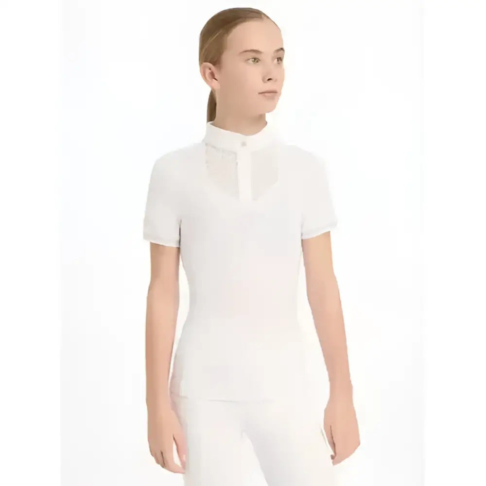 White short-sleeved lemieux young rider show shirt with high collar and subtle lace in luxurious super soft material