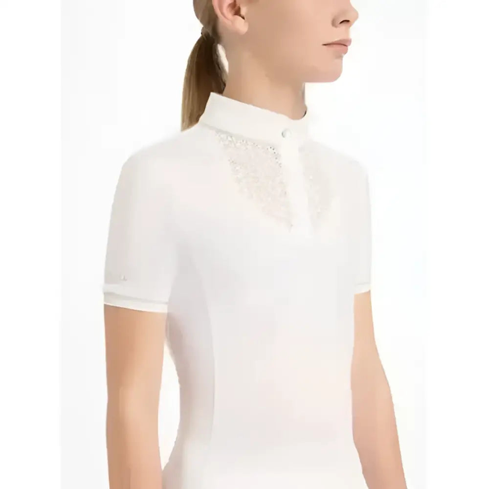 White short-sleeved lemieux young rider show shirt with high collar lace detailing made from luxurious super soft material