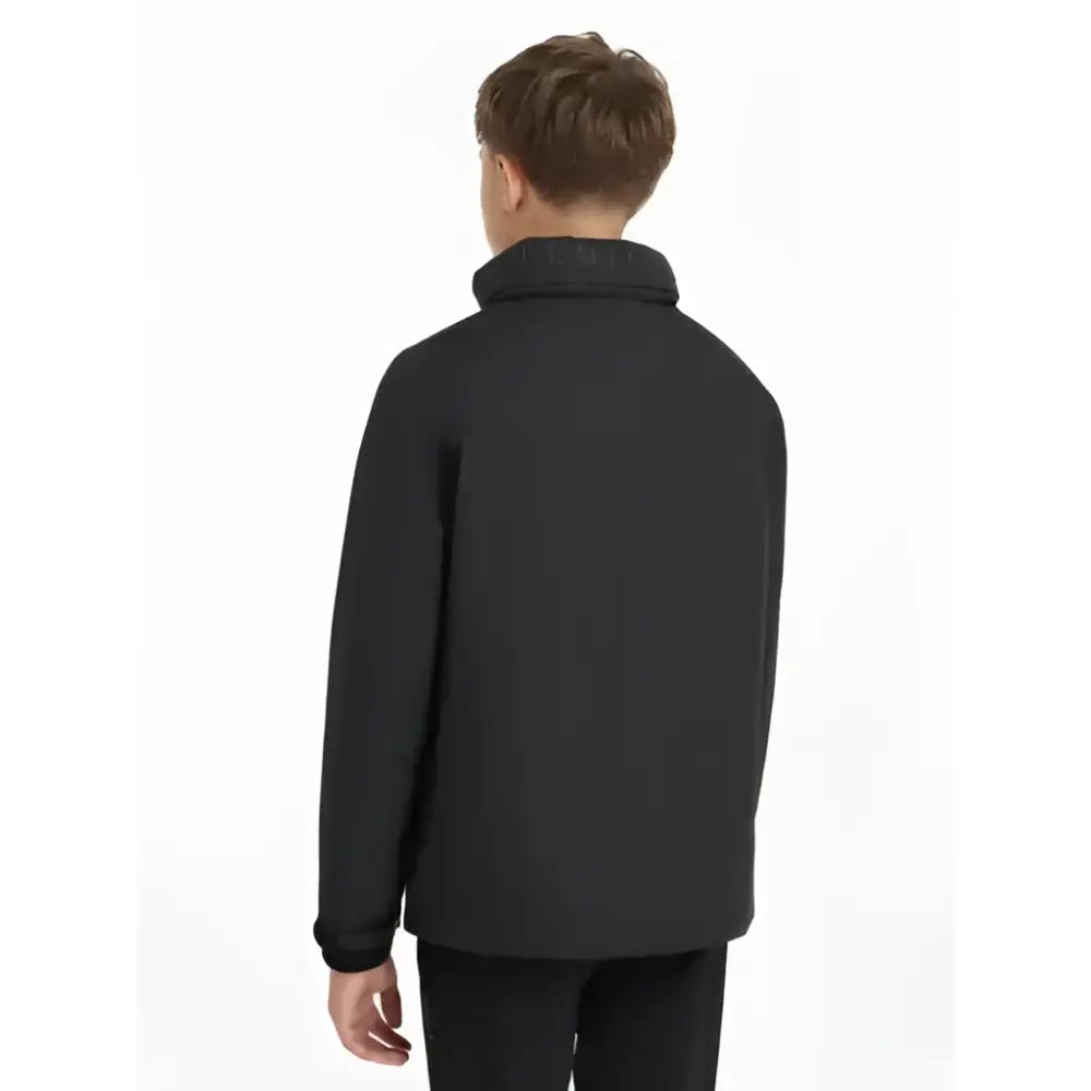 Back view of black lemieux young rider boys waterproof team jacket with quilted design and subtle logo on collar