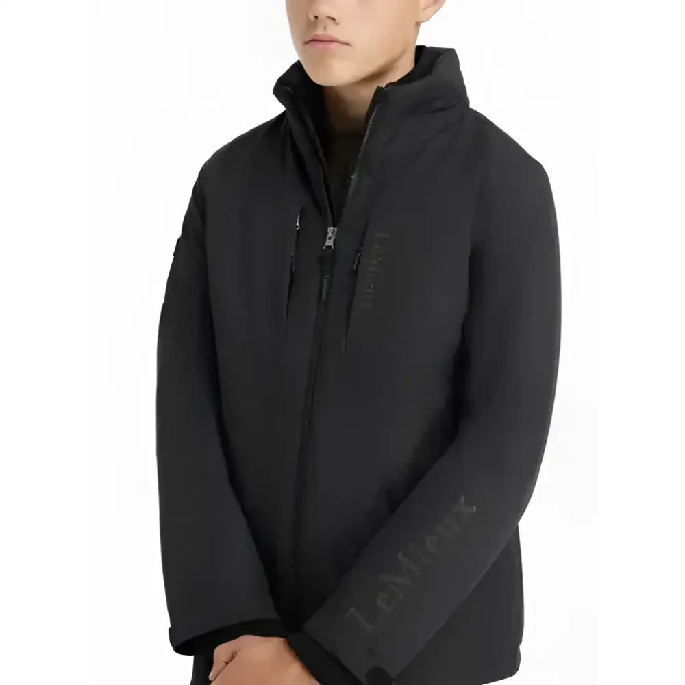 Black lemieux young rider boys waterproof team jacket with hood and subtle gray branding on chest and sleeve