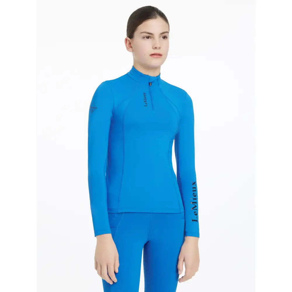 Bright blue lemieux young rider classic rider base long sleeve top with high collar benetton layer blue