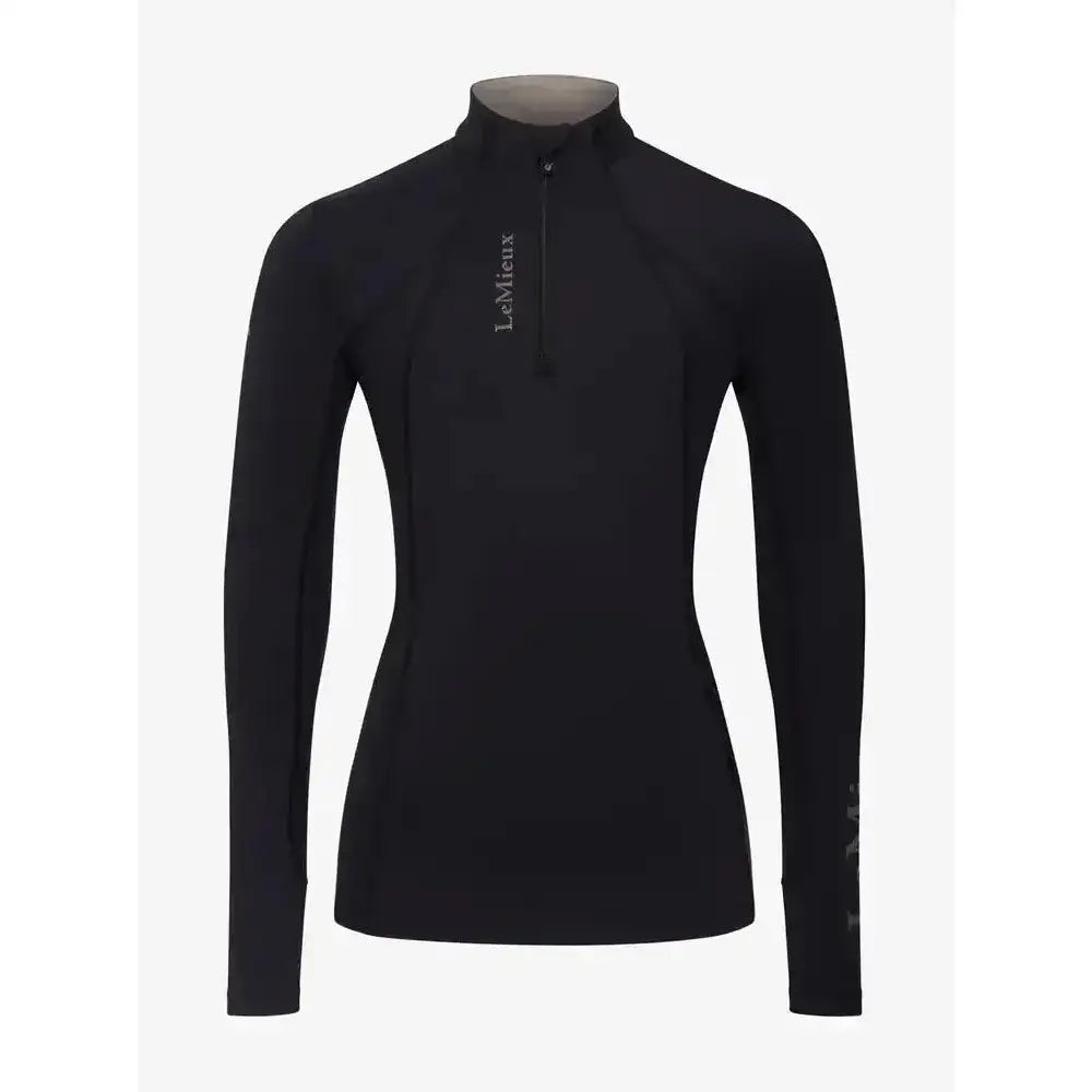 Black lemieux young rider long sleeve classic base layer with quarter zip and subtle gray branding on chest and sleeve