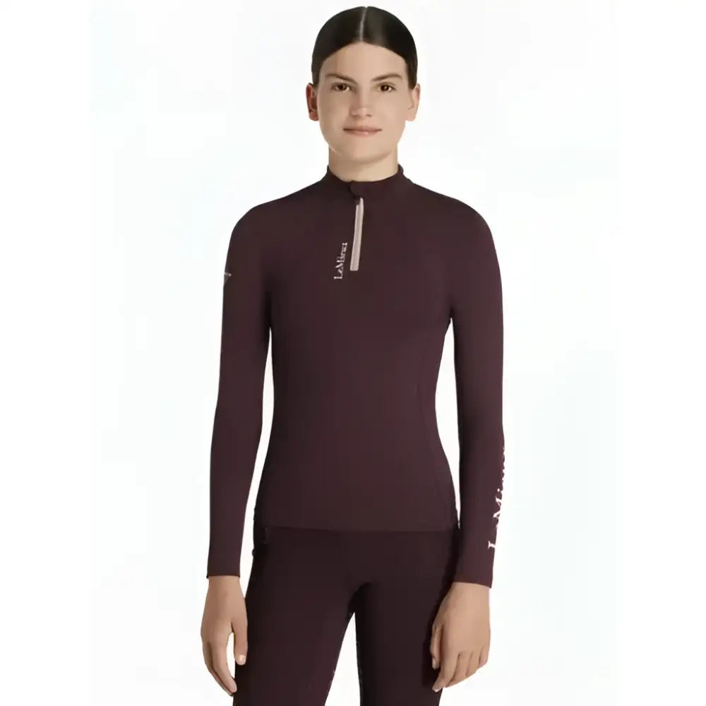 Maroon lemieux young rider classique base layer with long sleeves half zip collar and subtle white branding