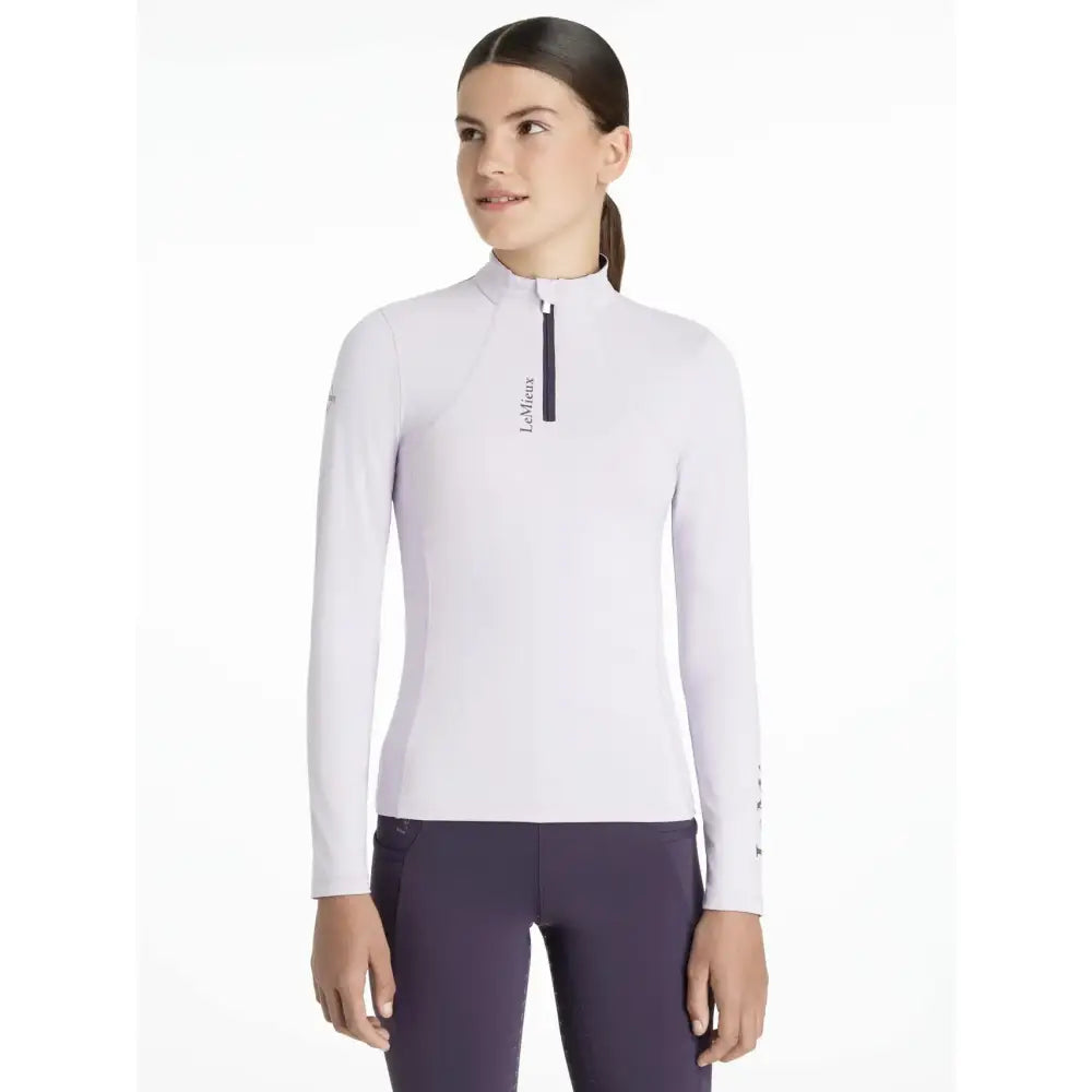 White lemieux young rider classique long sleeve quarter zip base layer lilac with subtle black branding and details