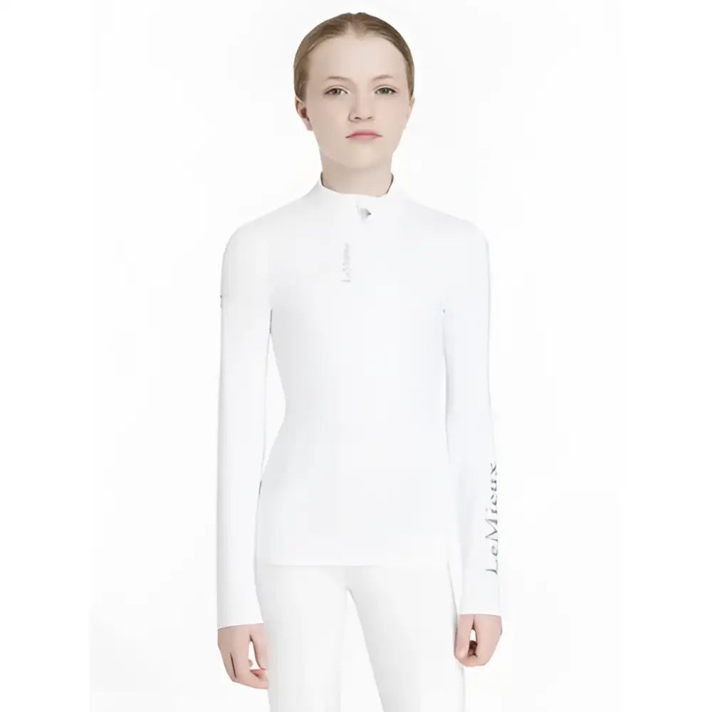 White long sleeved lemieux young rider classique base layer with high collar and subtle sleeve logo