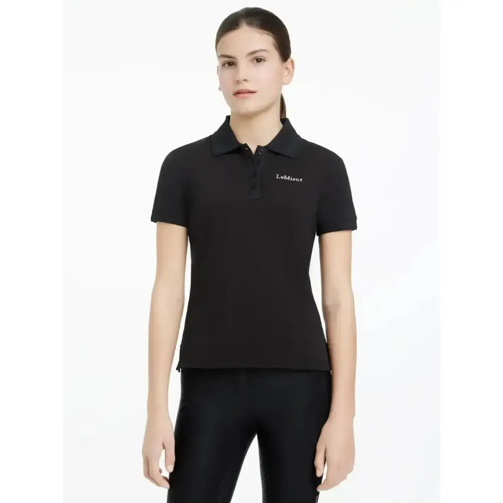 Black lemieux young rider classique polo shirt with subtle textured fabric and embroidered logo on left chest